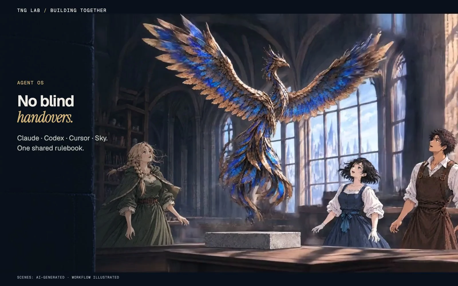 A 45-second fantasy-anime loop illustrating Agent OS. Three artisans build a bronze-and-cobalt phoenix: one finishes a feather panel, leaves a handover with the goal, what was done, what was checked and who goes next; another inspects the joining edge; the next maker seats the panel and releases it. Their completed creation awakens, unfolds its wings and takes flight, a fantasy metaphor for shared work. No blind handovers. Handover notes are illustrated with dummy data; scenes are AI-generated.