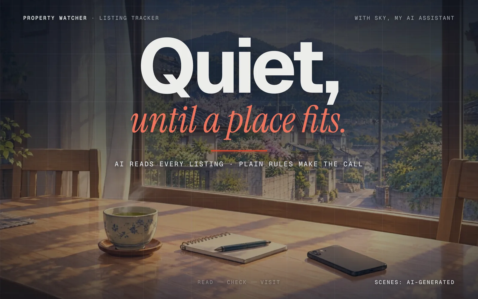 A 29-second loop in painted anime style, set in Kansai. Quiet, until a place fits: a phone on a morning table by a window over a hillside street buzzes, and Sky messages: JUMP, House by the river, meets your jump criteria. Read: listing emails arrive in Japanese and AI pulls out the details in English, marked unverified. Check: plain rules decide, listings land as Pass or Watch, and only the Jump sends a message. Filed: one card per place, next step book a visit for Saturday. The card photo opens into the house by the river, then a walk up the path to its gate, impression Promising. Screens are illustrated; places are fictional; scenes are AI-generated.