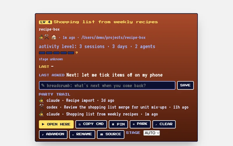 One quest's detail panel: activity level, the last request, a note box and the agents that worked on it. Fictional demo data.