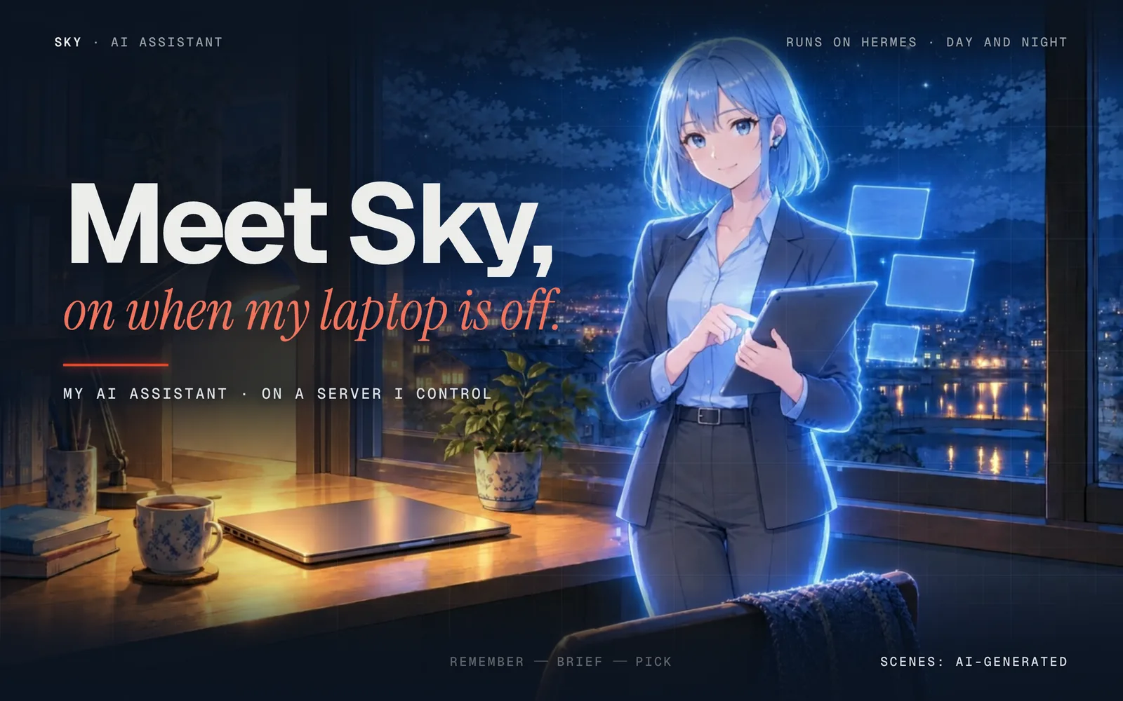 A 30-second loop in painted anime style. Meet Sky, on when my laptop is off: Sky, an AI assistant drawn as a calm professional with a sky-blue bob, works at the night desk while the laptop is shut. She keeps her list (checks all good, backup restored, 2 notes need your OK). In the shared vault she files notes and offers one for approval: she suggests, I decide. At sunrise she sends a good-morning message. In the evening she lines up picks: a quiet film, new places for dinner, something to learn. Screens are illustrated with dummy content; scenes are AI-generated.