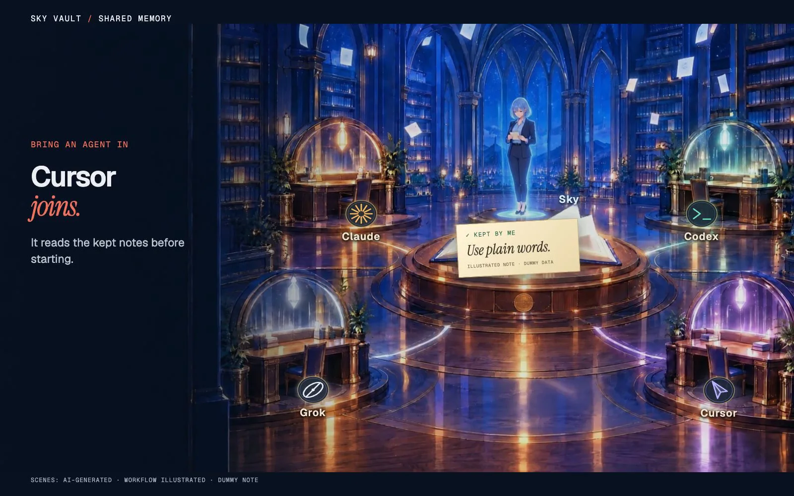 A 40-second illustrated shared-memory loop. One notebook sits between four glowing glass globes for Claude, Codex, Grok and Cursor, and an open pedestal where blue-haired Sky gently hovers and reads a note. Small custom emblems and discreet names identify the peers. Claude suggests the dummy note Use plain words; I choose to keep it. Codex and Sky read paper copies while the original stays in the vault. Cursor joins and reads the same kept note. Grok steps away; its connection dims while the note remains. Unkept suggestions fade separately. The vault's real graph, with labels hidden and motion added, closes the film: Agents change. The memory stays. The workflow uses dummy notes; archive scenes are AI-generated.
